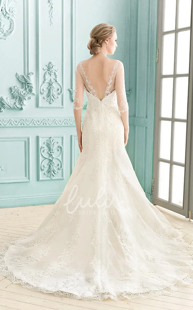 Lace Sheath Wedding Dress with Illusion Sleeves and Low-V Back