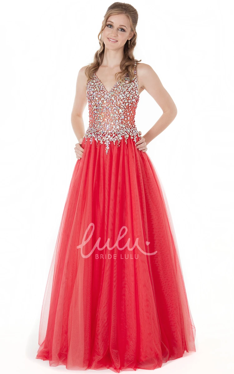 Crystal V-Neck A-Line Tulle Prom Dress Sleeveless Floor-Length with Pleats