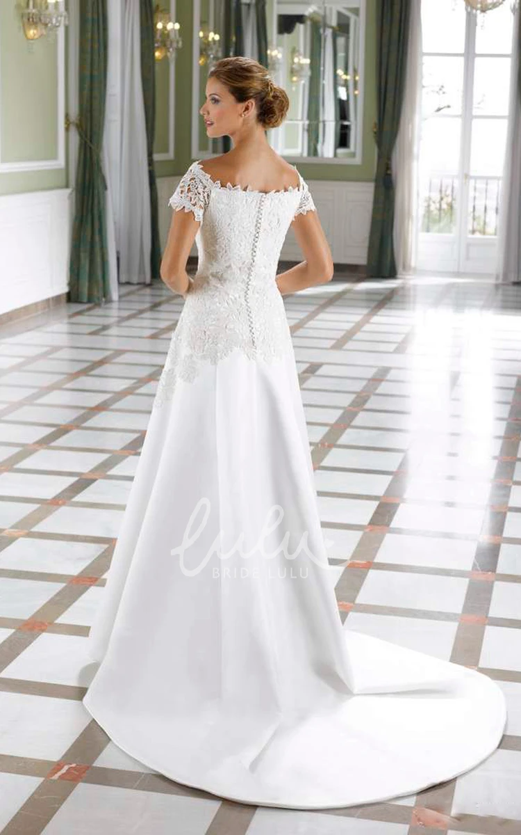 Off-The-Shoulder Lace A-Line Wedding Dress with Floor-Length Satin Skirt Boho Wedding Dress