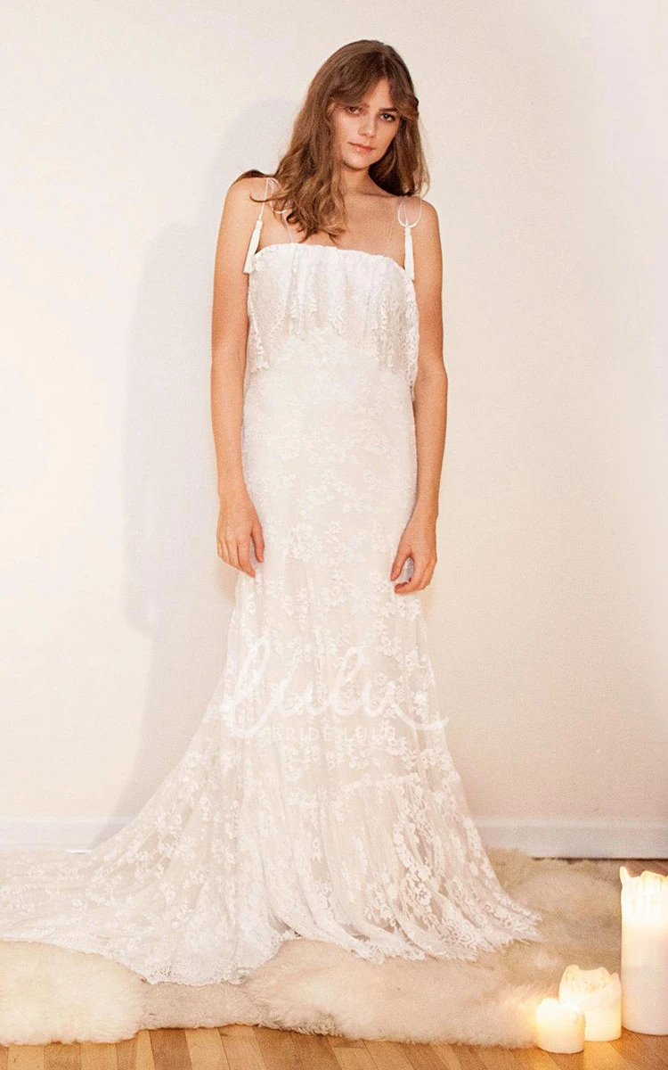 Boho Lace Wedding Dress with Ruffles Off-Shoulder Long Sheath Flowy