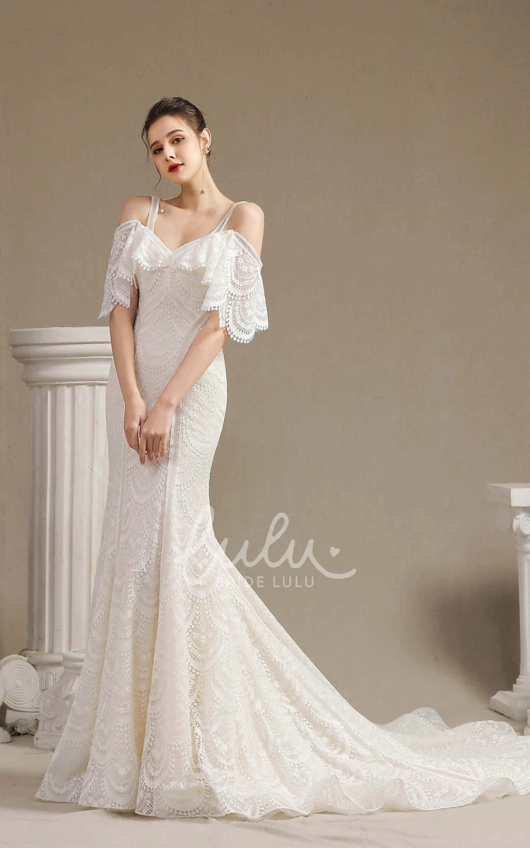 Cute Off-the-shoulder Lace Mermaid Wedding Dress with Straps and Half Sleeves