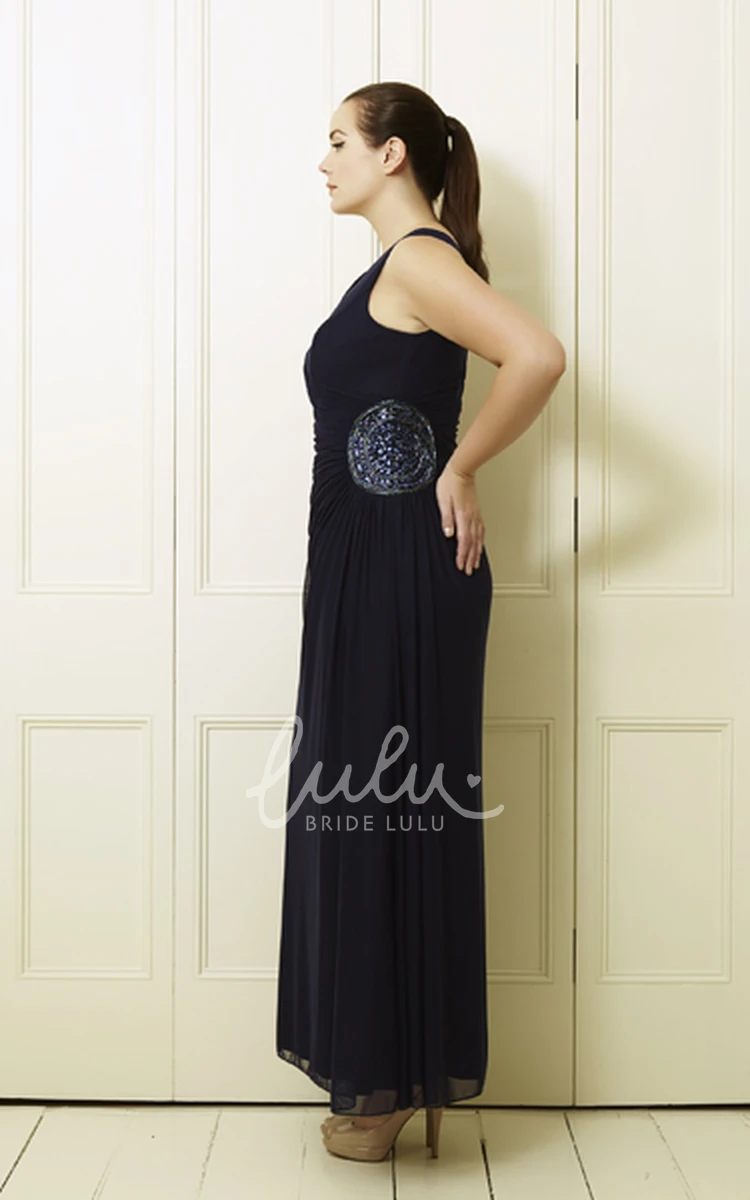 Side-Draped Sleeveless Chiffon Prom Dress with Beading and V-Neck for Plus Size