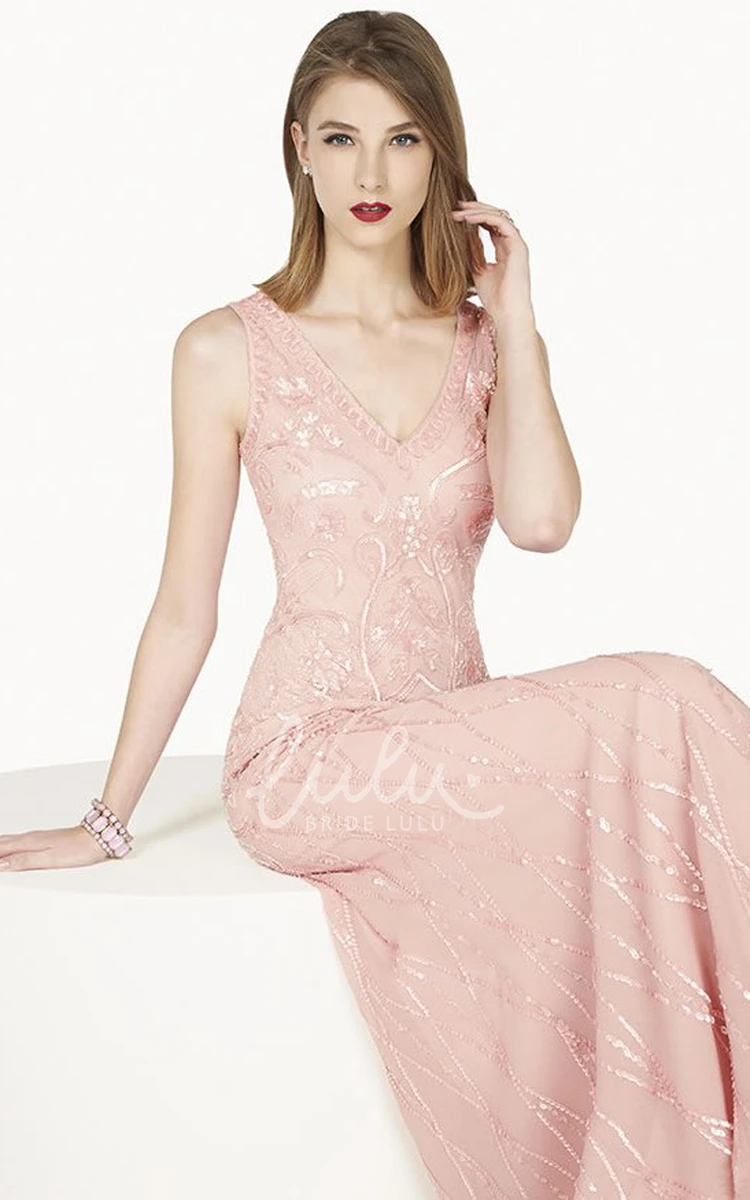 Blush Chiffon Sequin Prom Dress with V-Neck and Illusion Back Long