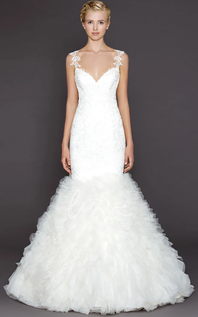 Mermaid Lace Wedding Dress with Deep-V Back and Ruffles Sleeveless Appliqued Floor-Length