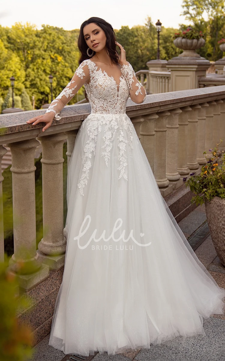 Casual A Line Tulle Wedding Dress with Plunging Neckline and Appliques Beach Bridal Gown Women