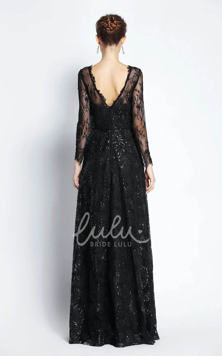 Bateau Scalloped Lace A-Line Prom Dress with Sequins Long Sleeve