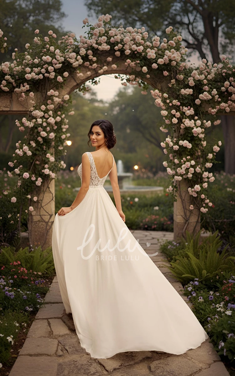 Elegant Boho Lace A-Line Wedding Dress Casual V-Neck Sleeveless Bridal Gown