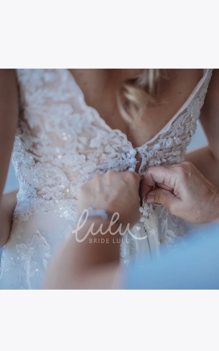 Bohemian A-Line Wedding Dress V-neck Lace with Beach Appliques Sequins Low-V Back