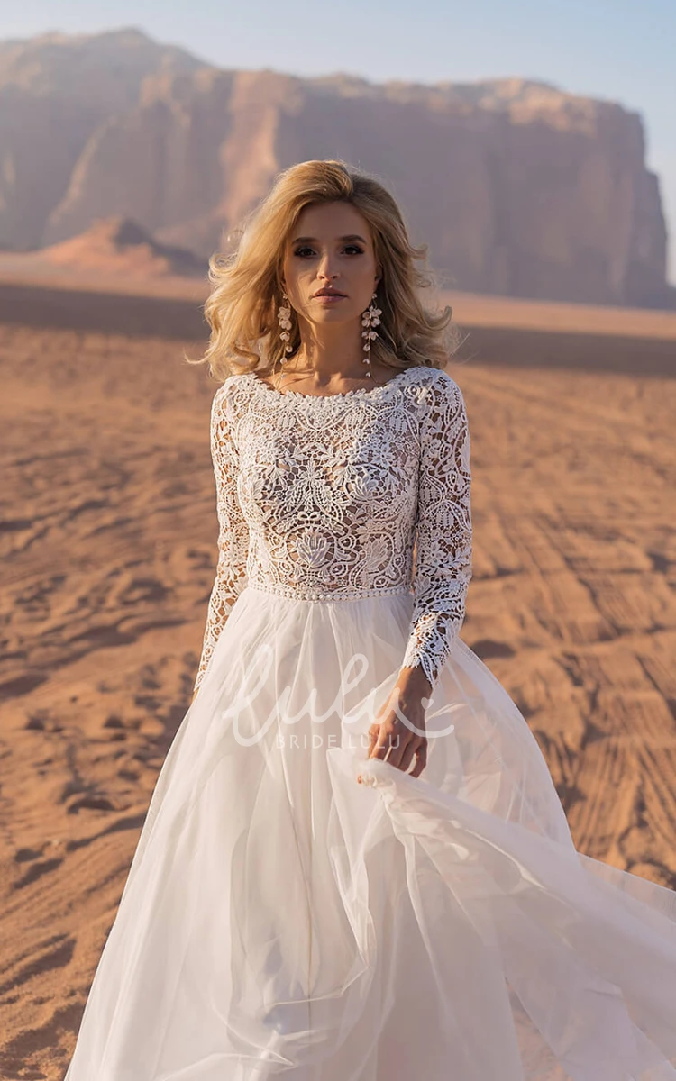 Illusion Sleeve A-Line Chiffon Beach Wedding Dress with Bateau Neckline