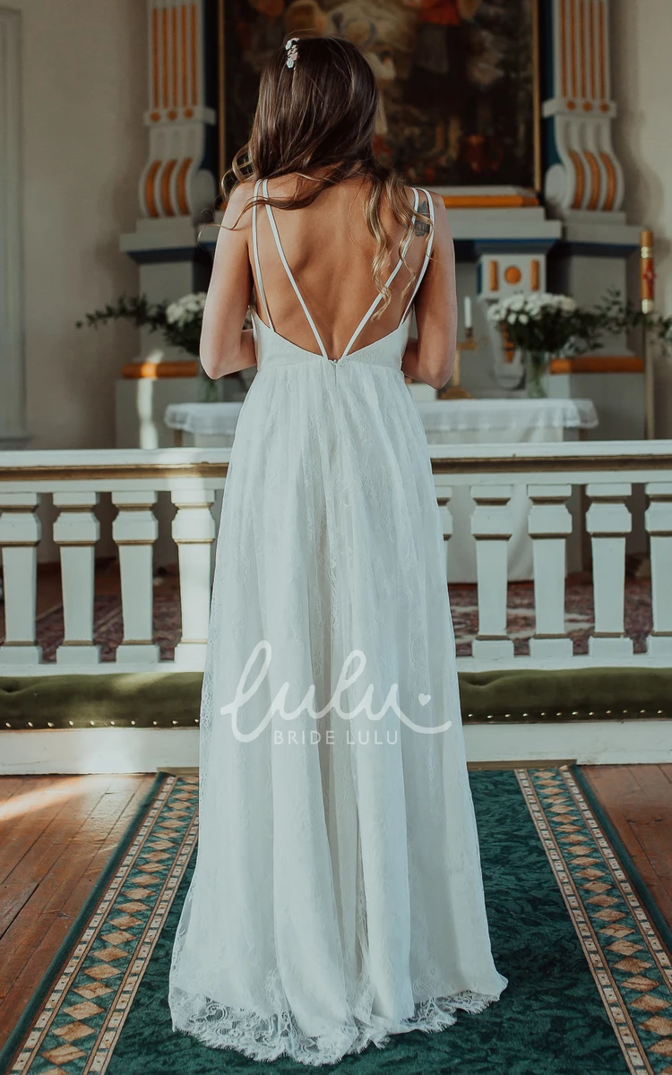 Sexy Lace Floor-length A-Line Wedding Dress with Split Front and Low-V Back