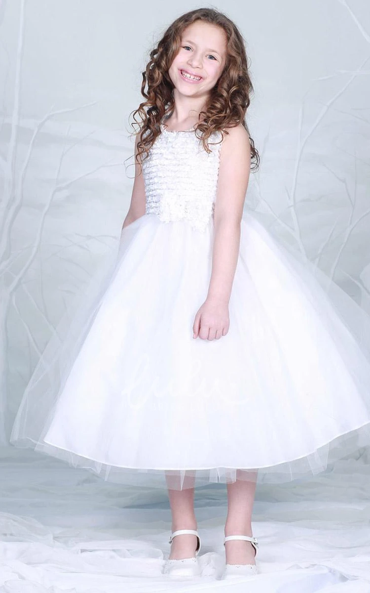 Bowed Tiered Tulle Tea-Length Flower Girl Dress Simple Dress for Girls
