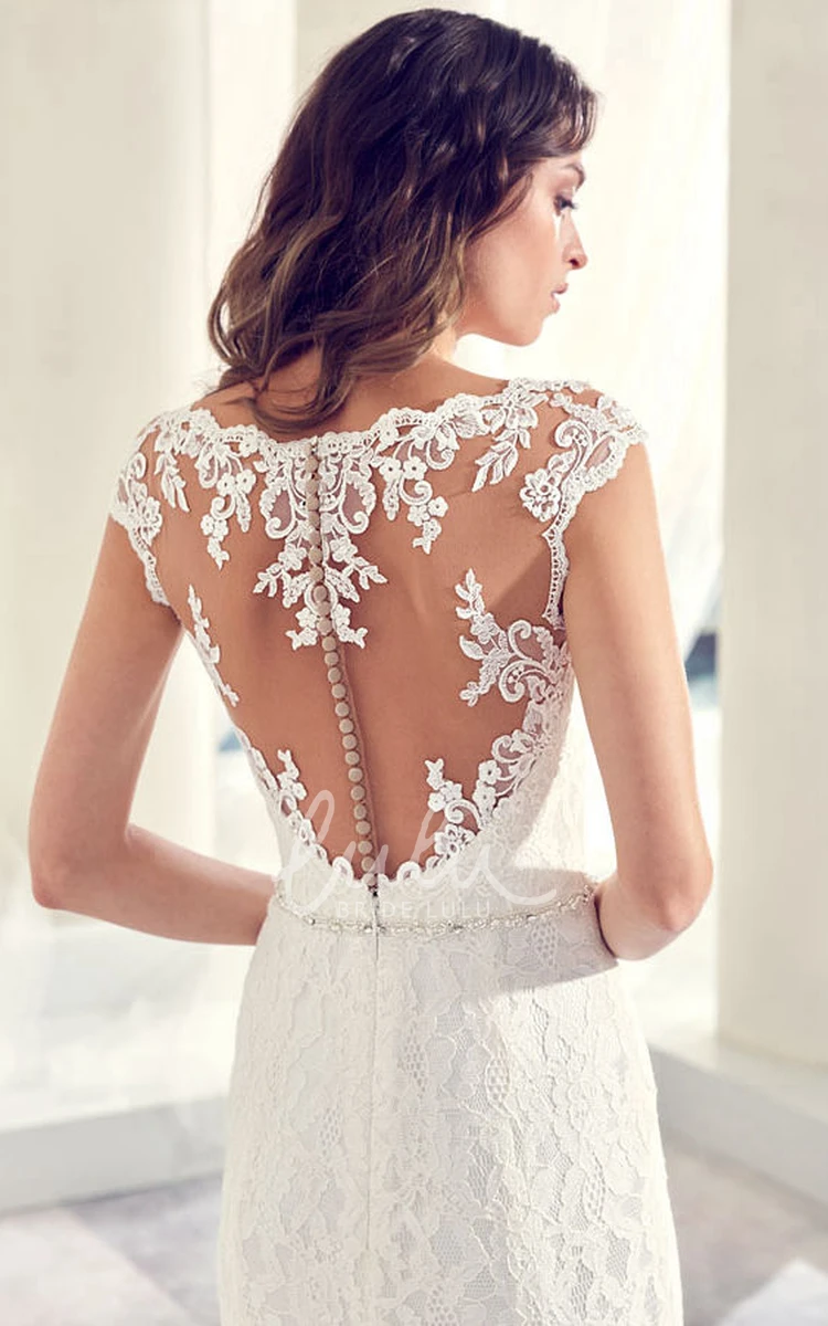 V-Neck Cap-Sleeve Lace Wedding Dress with Jeweled Embellishments