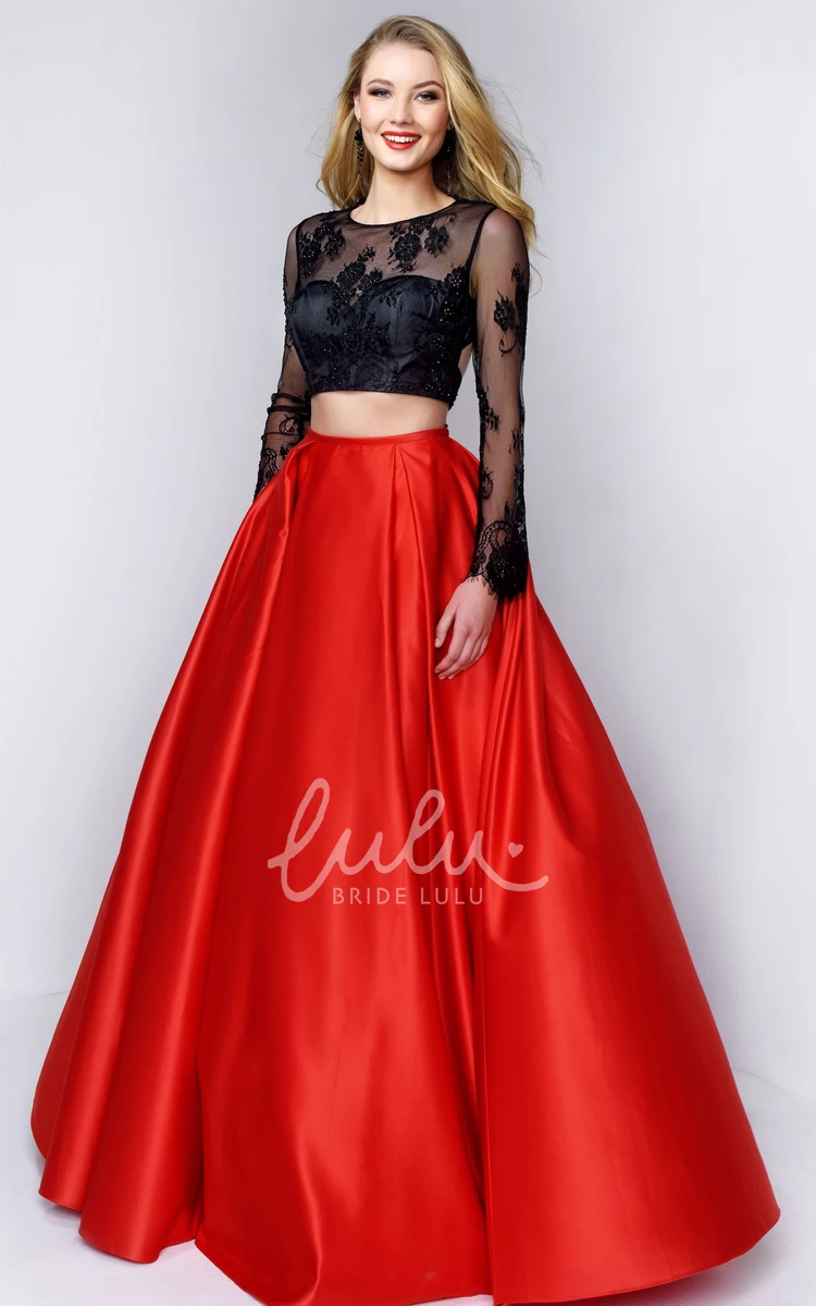 Lace Applique A-Line Satin Formal Dress with Long Sleeves