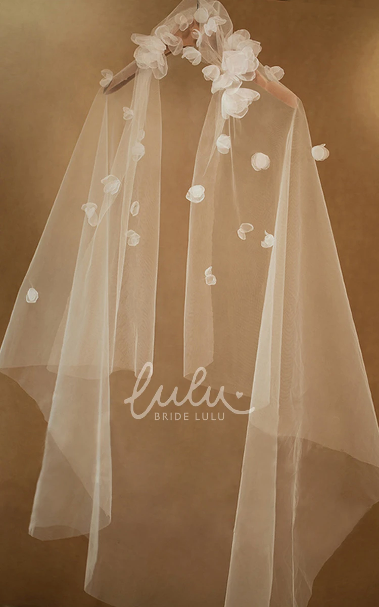 Handmade Long Tulle Veil with Flowers Elegant Wedding Dress Accessory