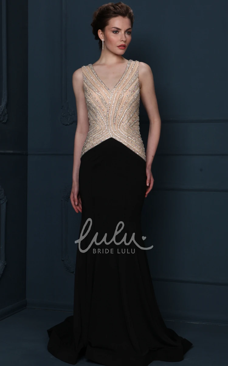V-Neck Beaded Jersey Evening Dress with Sweep Train and V Back Prom Dress