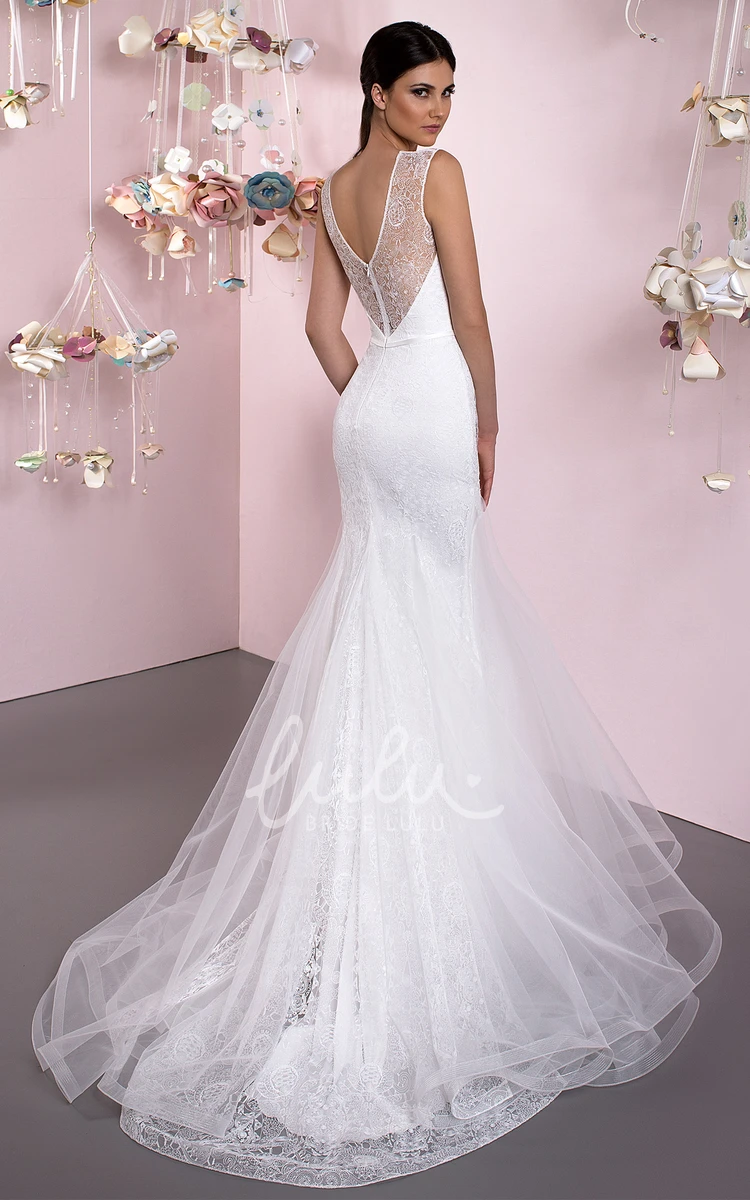 Sleeveless Mermaid Tulle Wedding Dress Appliqued Scoop Neck Low-V Back Floor-Length