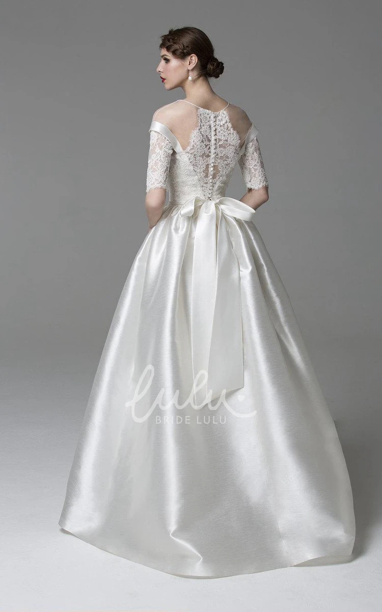 Satin Off-Shoulder Wedding Dress with Long Lace Sleeves