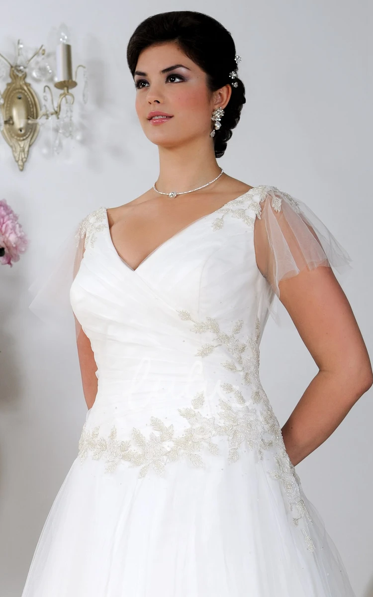 Tulle A-Line Wedding Dress with V-Neck and Appliques