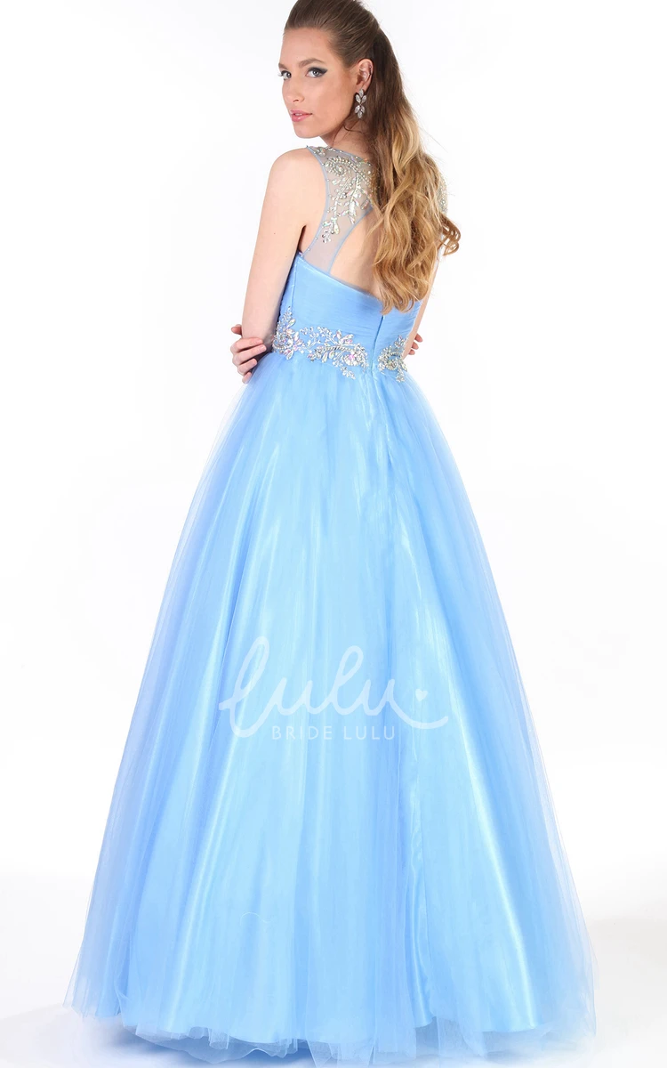 Sleeveless A-Line Tulle&Satin Prom Dress with Beaded Scoop-Neck and Pleats