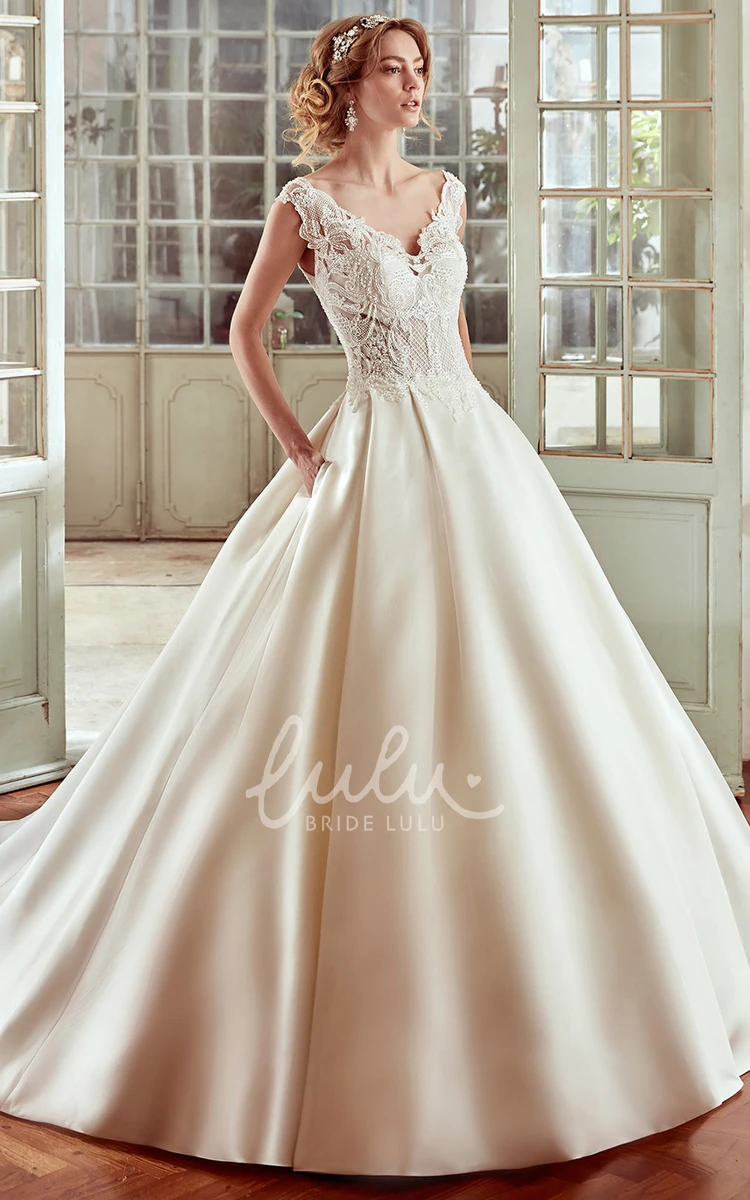 A-Line Lace Bodice Wedding Dress with Satin Skirt Classic Bridal Gown