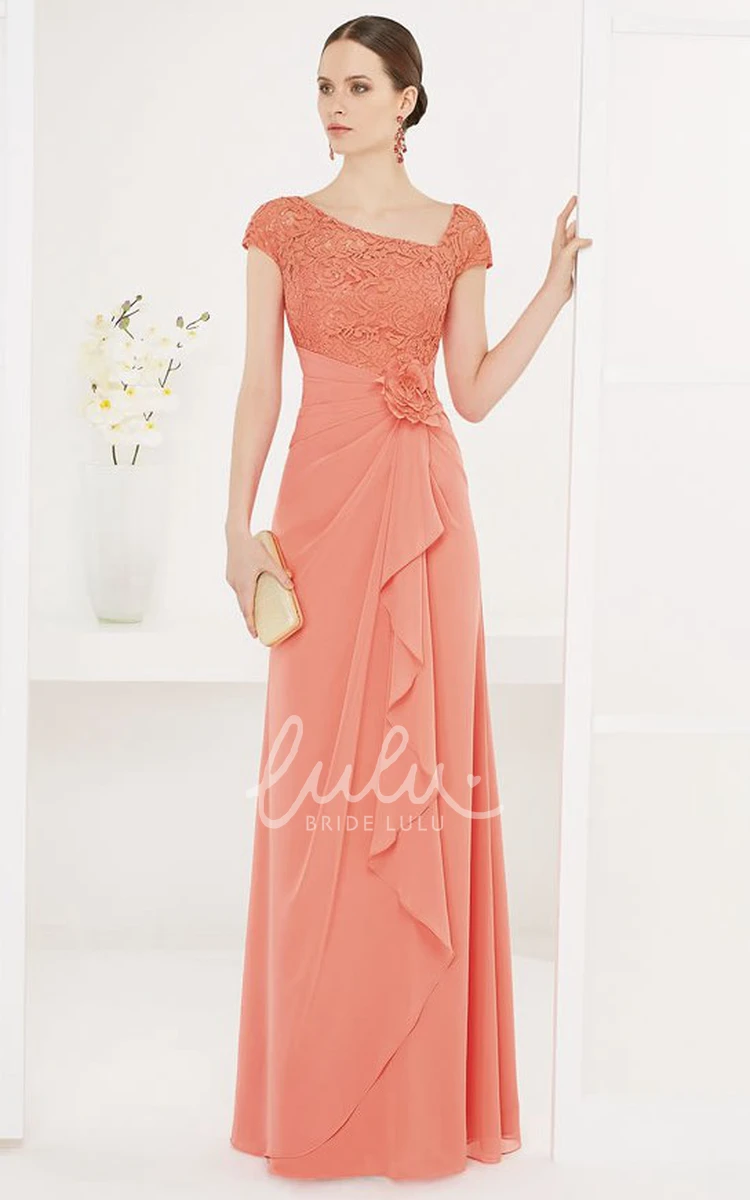 Chiffon Long Dress with Lace Cap-Sleeves and Side Drape Bridesmaid Dress