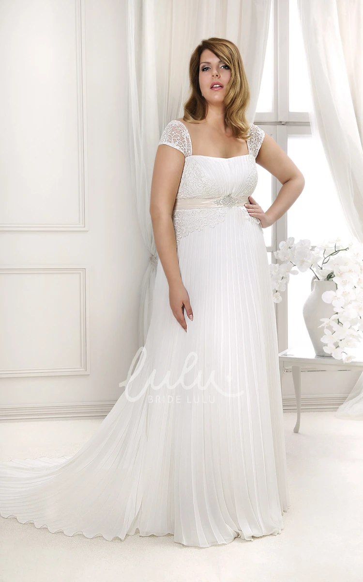 Sheath Lace Dress with Straps Pleats and Brush Train Flowy Wedding Dress