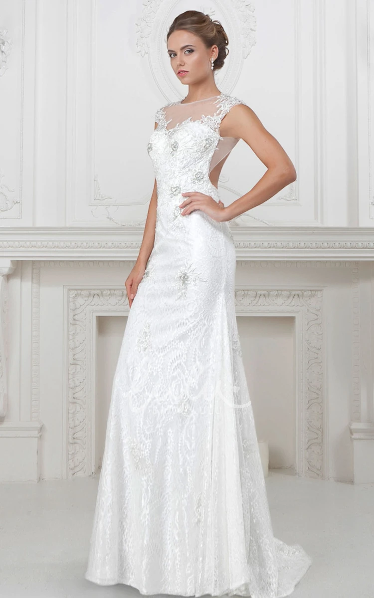 Cap-Sleeve Jewel-Neck Appliqued Lace Sheath Wedding Dress Unique Bridal Gown