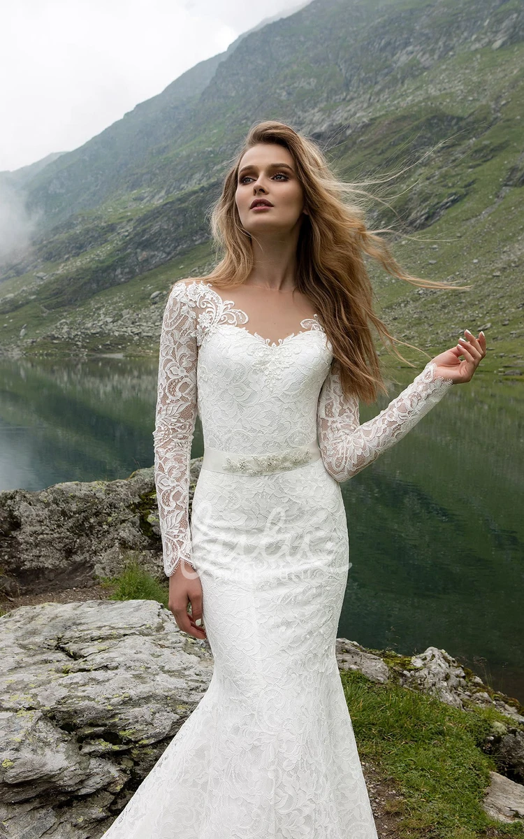 Lace Low V Back Long Sleeve Sheath Wedding Dress with Crystal Detailing