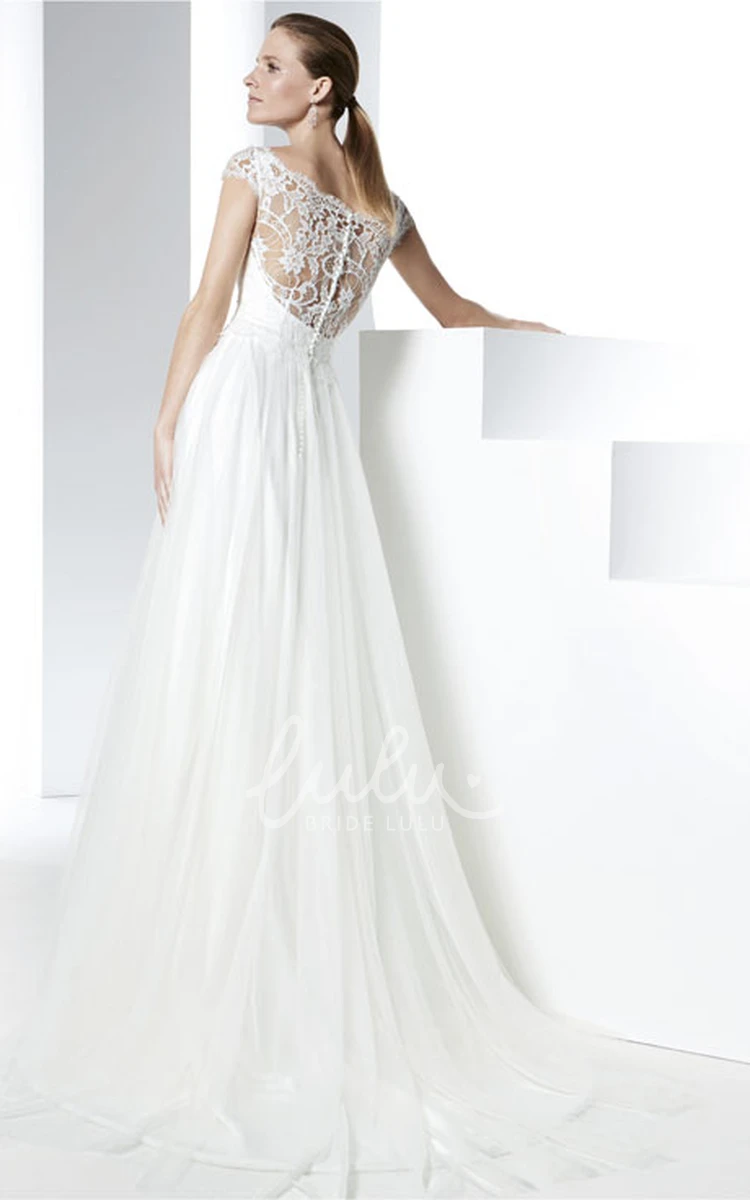 Elegant Scoop Appliqued Tulle Wedding Dress with Brush Train Floor-Length Illusion Bridal Gown