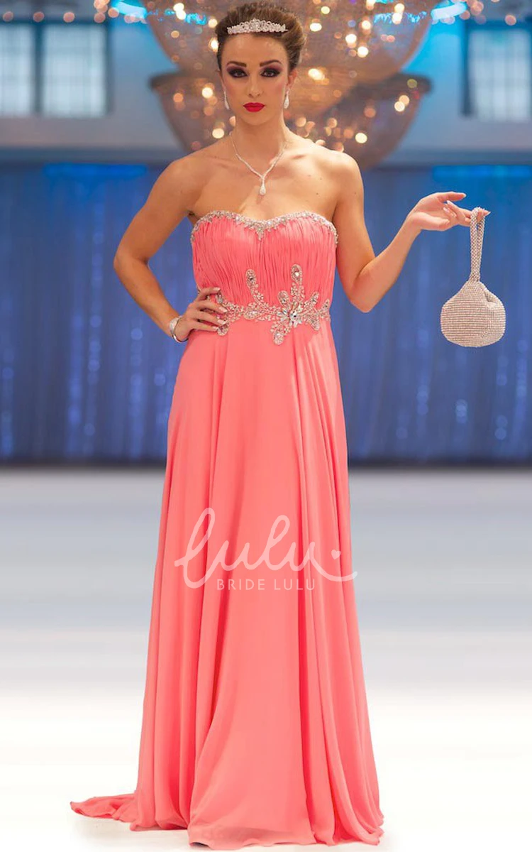 A-Line Ruched Sweetheart Chiffon Prom Dress With Beading Long Flowy Dress