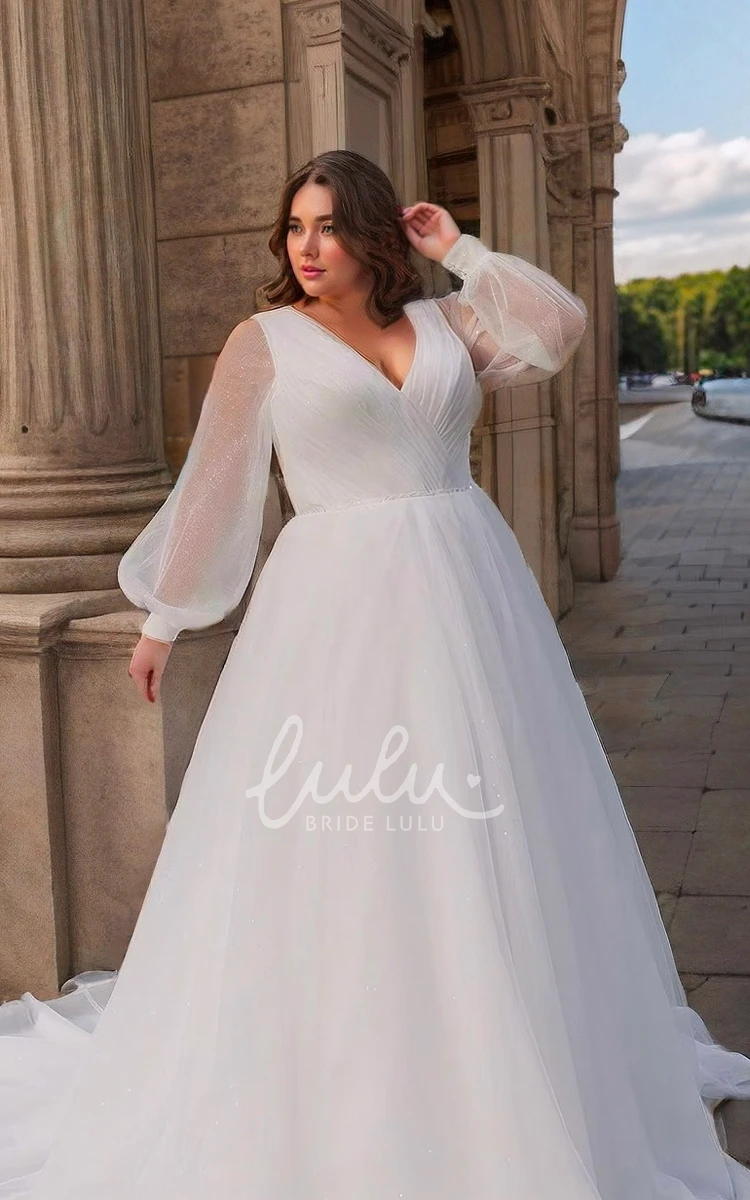 Elegant Plus Size Long Sleeve A-Line V-neck Wedding Dress Chapel Train with Modern Country