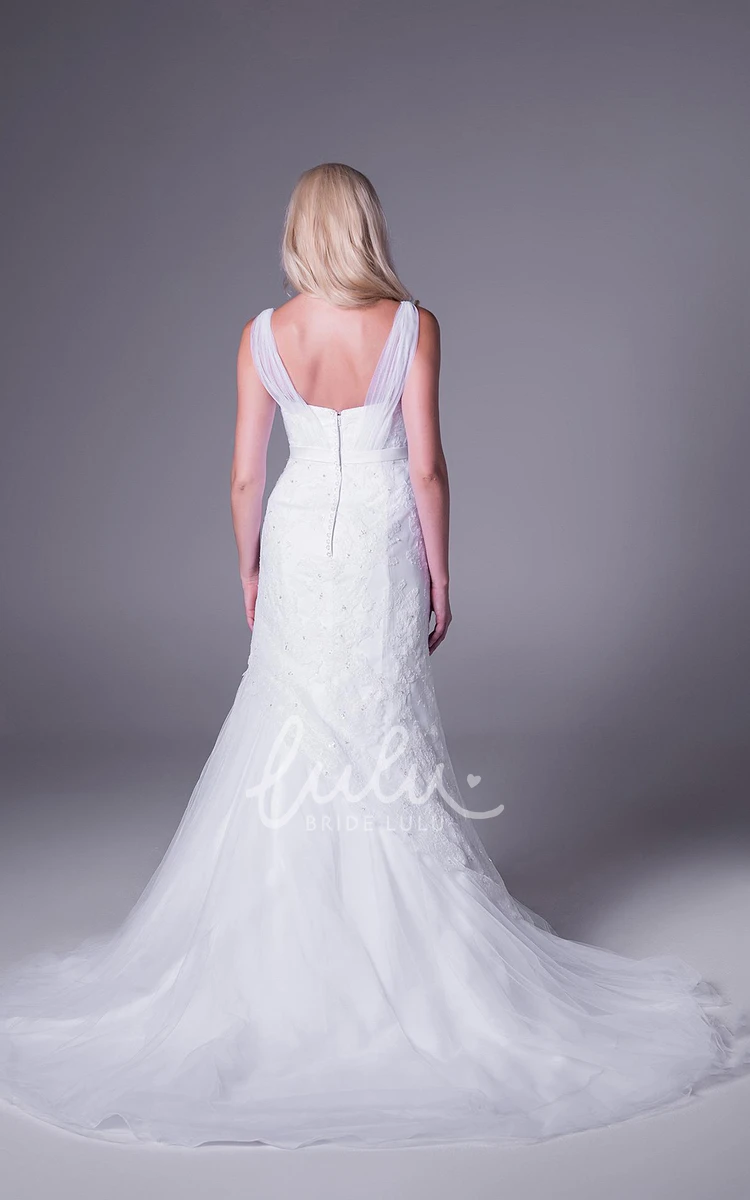 Trumpet Tulle Wedding Dress with Appliques and Jeweled Waist Sleeveless and Strapped