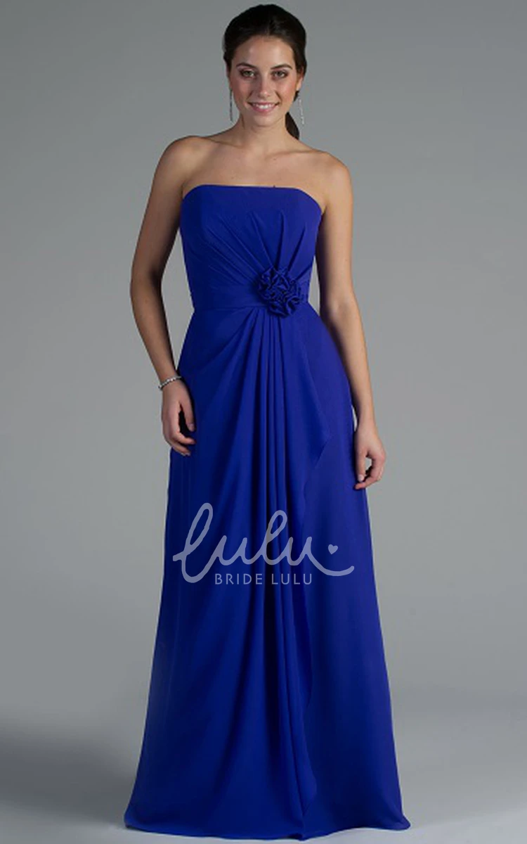 Strapless Chiffon Dress with Pleats and Waist Flower for Bridesmaids