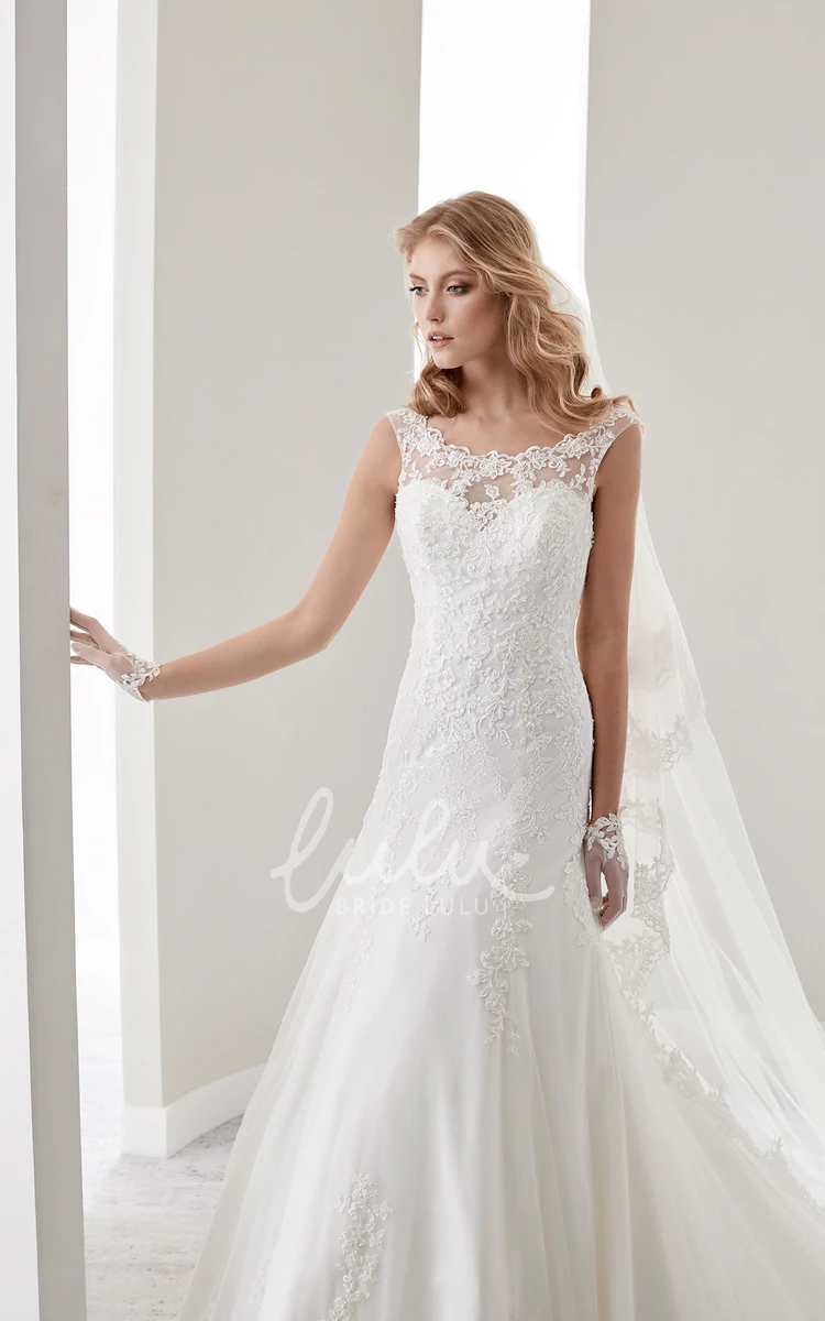 Lace Wedding Dress with Brush Train Cap Sleeves and Illusive Neckline and Back