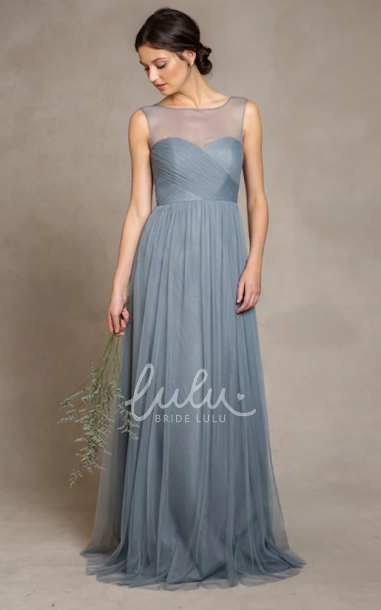 Sleeveless Bateau Neck Empire Tulle Bridesmaid Dress with Criss-Cross Flowy Bridesmaid Dress