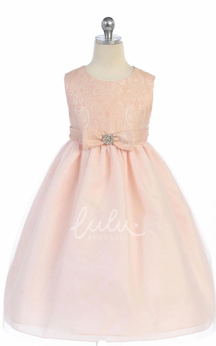 Tea-Length Tiered Tulle and Satin Flower Girl Dress with Bow