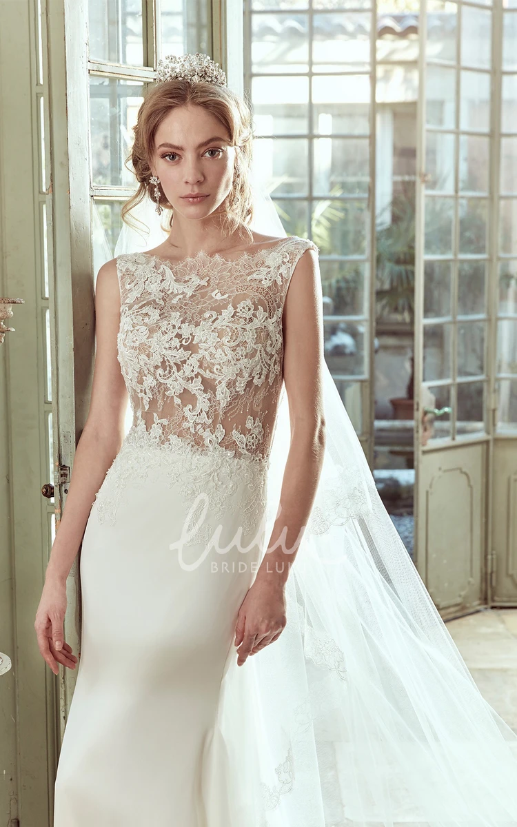 Illusive Lace Cap-Sleeve Sheath Wedding Dress with Open Back