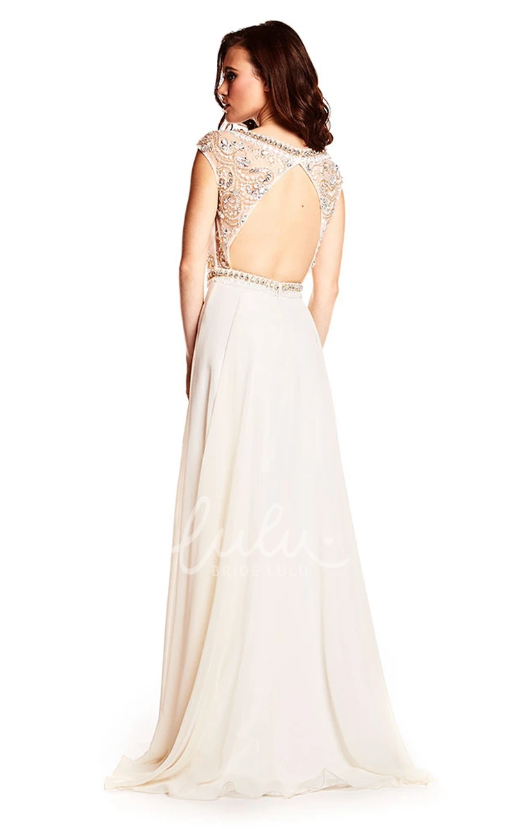 Scoop Neck Beaded Sheath Prom Dress Cap Sleeves Floor-Length