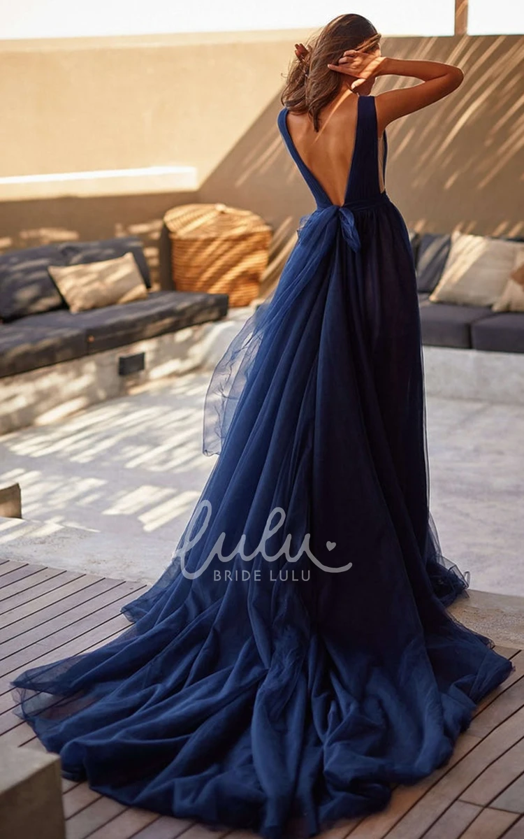 A Line Tulle Evening Dress with Split Front and Sleeveless