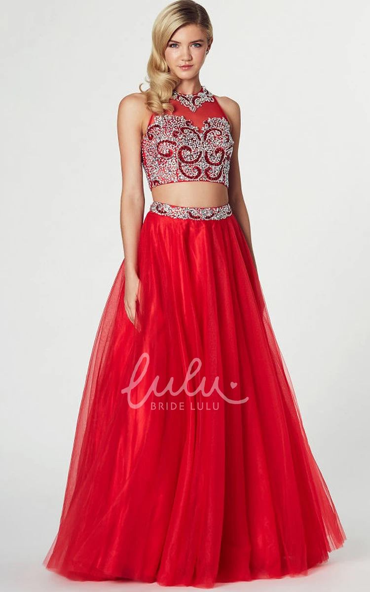 Sleeveless High Neck Beaded Tulle Prom Dress with Illusion Back A-Line