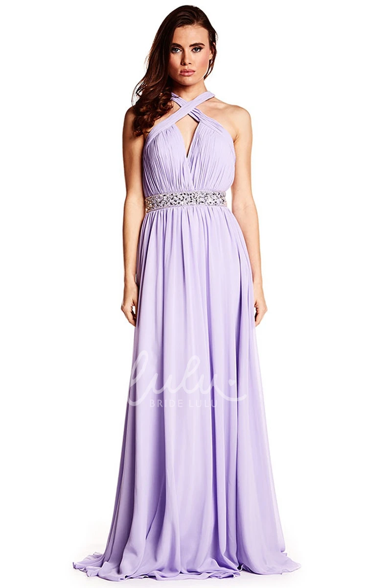 Ruched Halter Chiffon Prom Dress with Beading Straps and Sleeveless Design