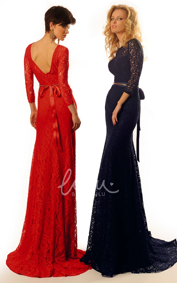 Long-Sleeve Sheath Lace Prom Dress with Jeweled Scoop-Neck and Bow