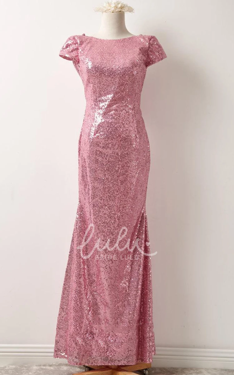 Classy Rose Gold Sequin Prom Dress Short Sleeve Bridesmaid Gown