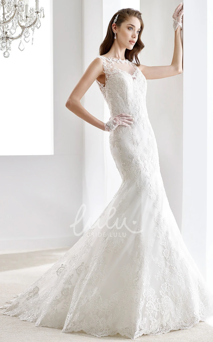 Lace Wedding Dress with Illusive Neckline and Brush Train Sheath Style