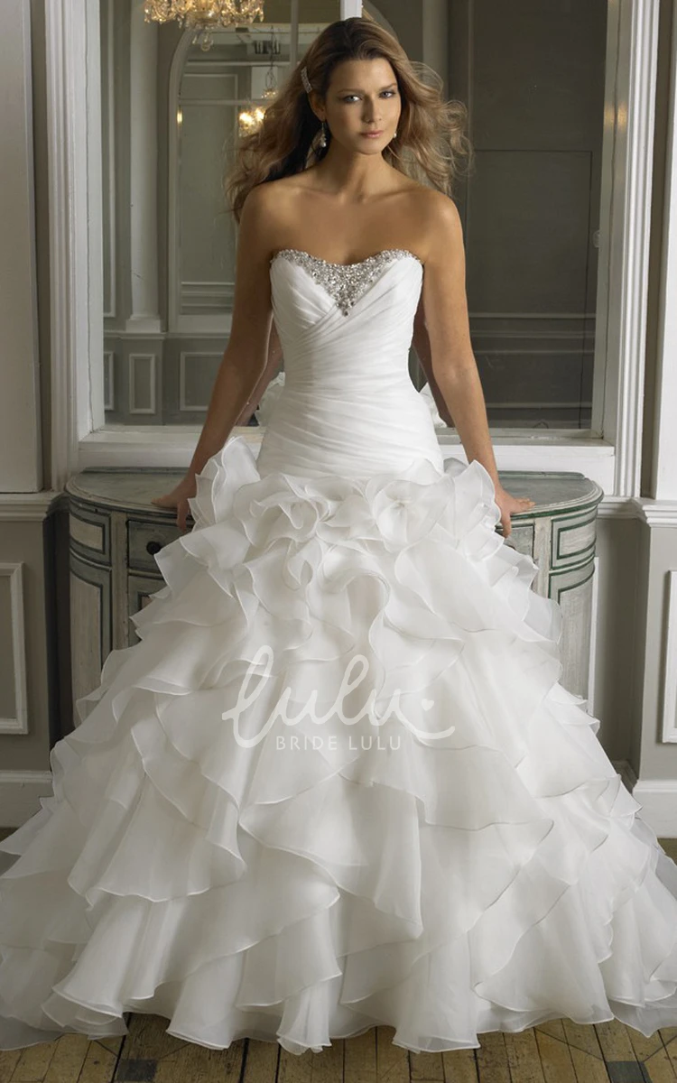 Organza Beaded Wedding Dress with Cascading Ruffles and Ruching A-Line Bridal Gown