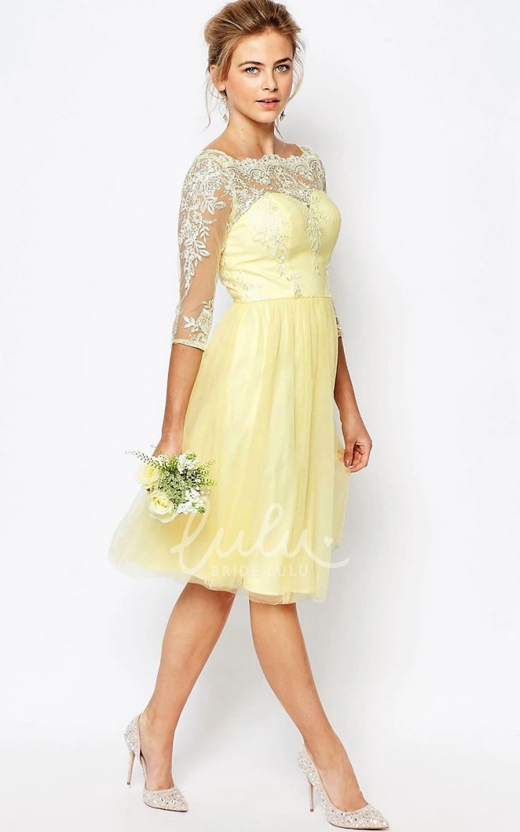 Knee-Length Appliqued High Neck Bridesmaid Dress A-Line 3-4 Sleeve