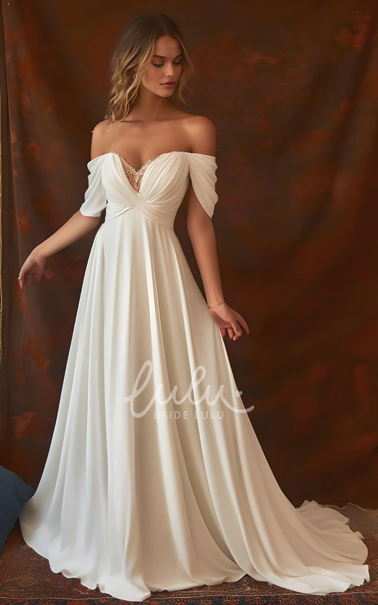 Elegant Princess Off-the-Shoulder Wedding Dress Sleeveless Ruching A-Line Chiffon Gown with Pleated