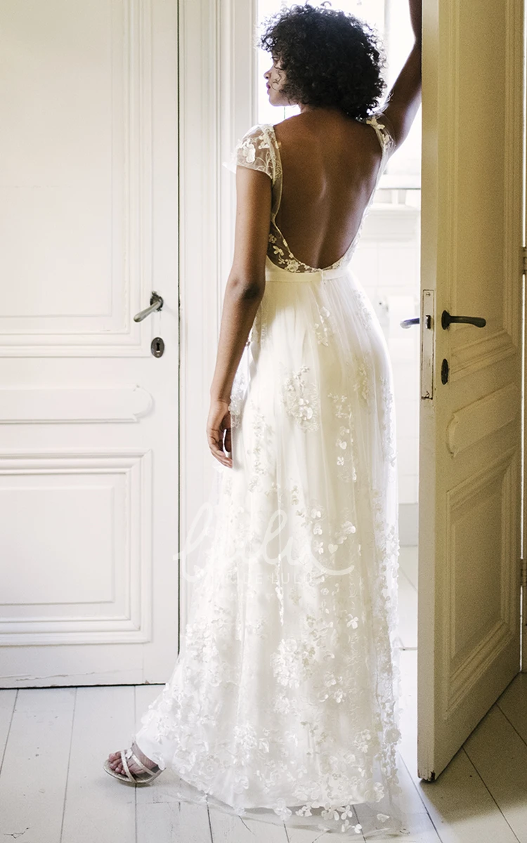 Bohemian A Line Chiffon Tulle Wedding Dress with Bateau Neck and Appliques Unique Bridal Gown