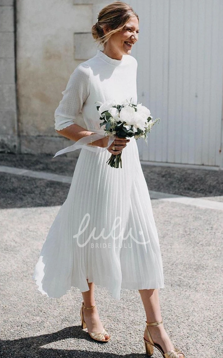 Tulle High Neck Tea-length Wedding Dress with Pleats Casual Tulle Tea-length Wedding Dress with High Neck