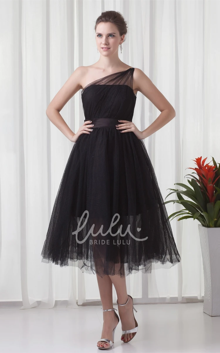 One-Shoulder Tulle A-Line Prom Dress Tea-Length Flowy Dress